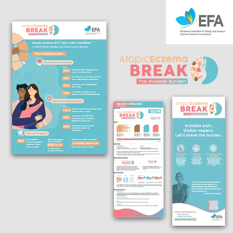 Brand identity system for the Break the Invisible Burden campaign, including logo, brand guidelines, infographic design and exhibition signage created for EFA and European awareness activities