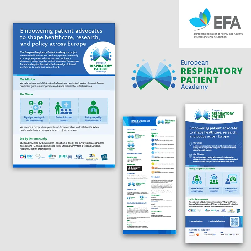 Visual identity for the European Respiratory Patient Academy (ERPA), including logo design, brand guidelines and communication materials developed to support patient advocacy training and capacity building across Europe