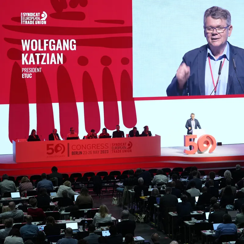 Event branding and conference signage designed for ETUC Congress 2023, a European trade union congress attended by 600 delegates from 41 countries, including stage visuals, venue branding and communication materials.